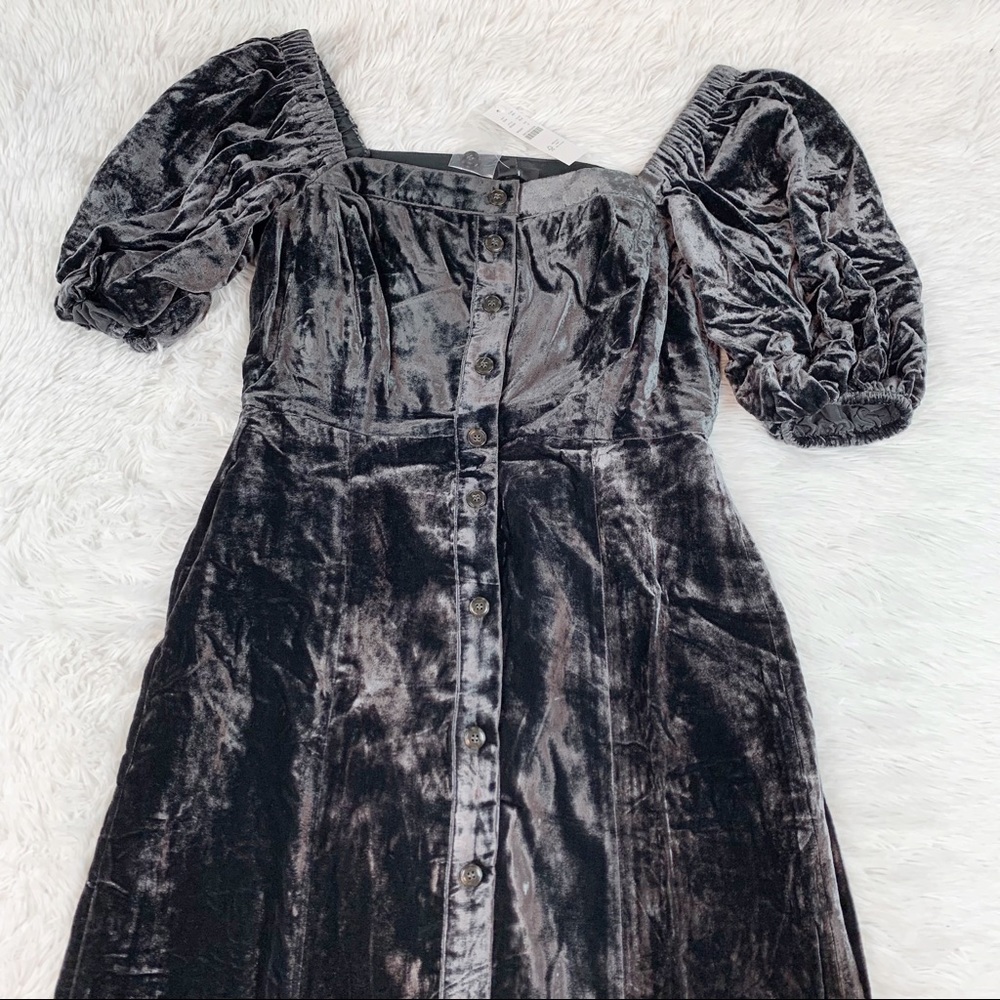 J Crew New Puff-sleeve square neck velvet dress knee length button front - Picture 3 of 9